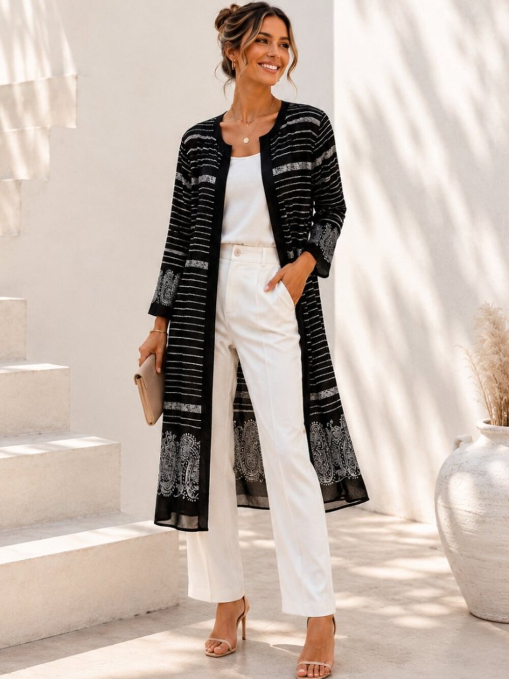 Gottex Sheer Embroidered Duster Cardigan Black Silver